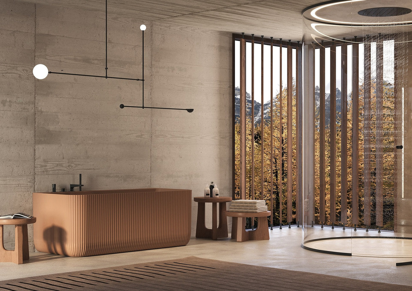 Vasca design Oasi Wall cannettata ambiente bagno contemporaneo materiali naturali arredo contract