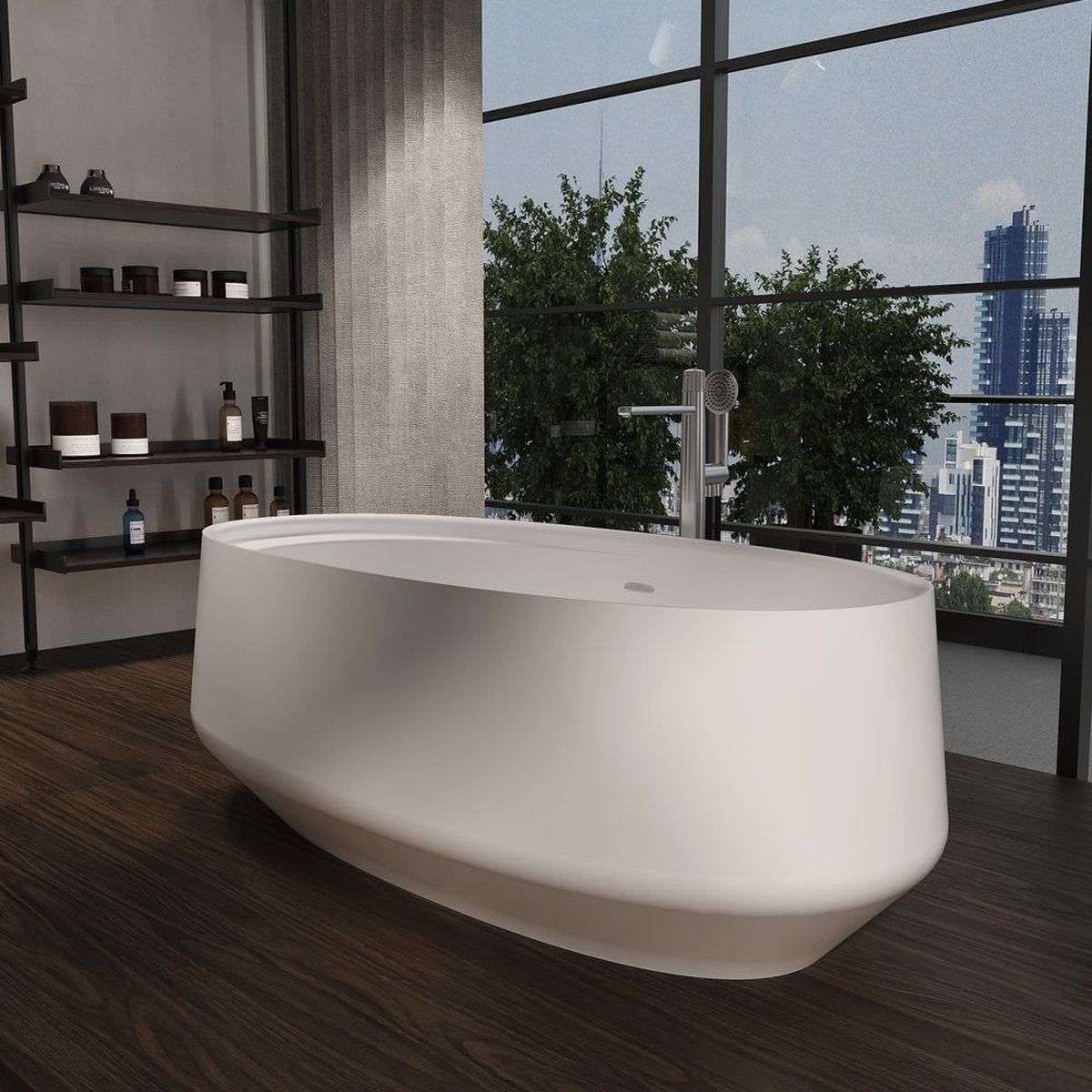 Vasca centro stanza IKI Forma Aquae TechFusion System in bagno design con separé e vista urbana
