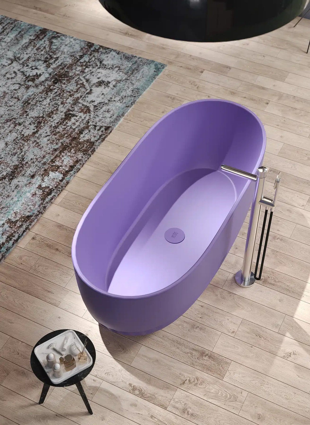Vasca freestanding Aura Central Forma Aquae, finitura opaca lilla, vista dall’alto