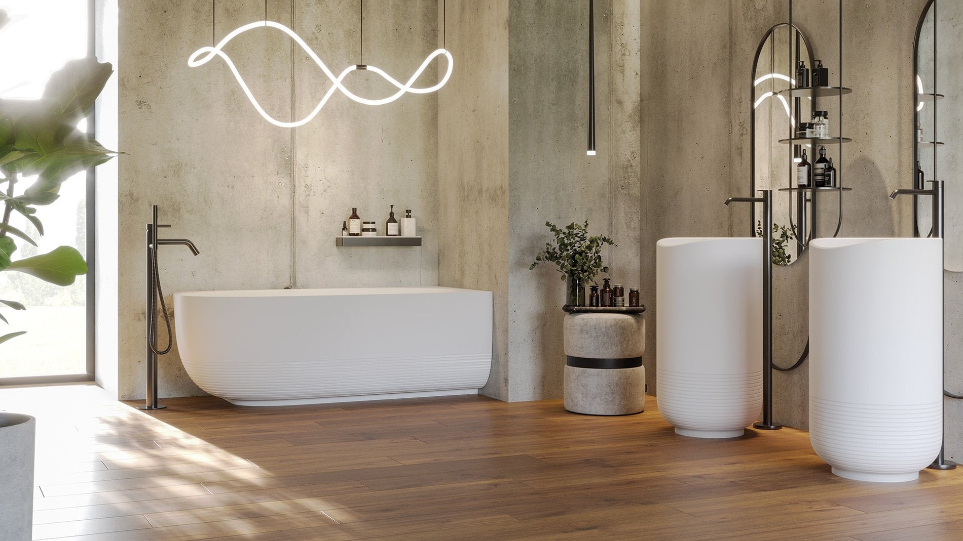 Bagno con vasca angolare Aura Forma Aquae e lavabi freestanding coordinati, finitura bianco opaco