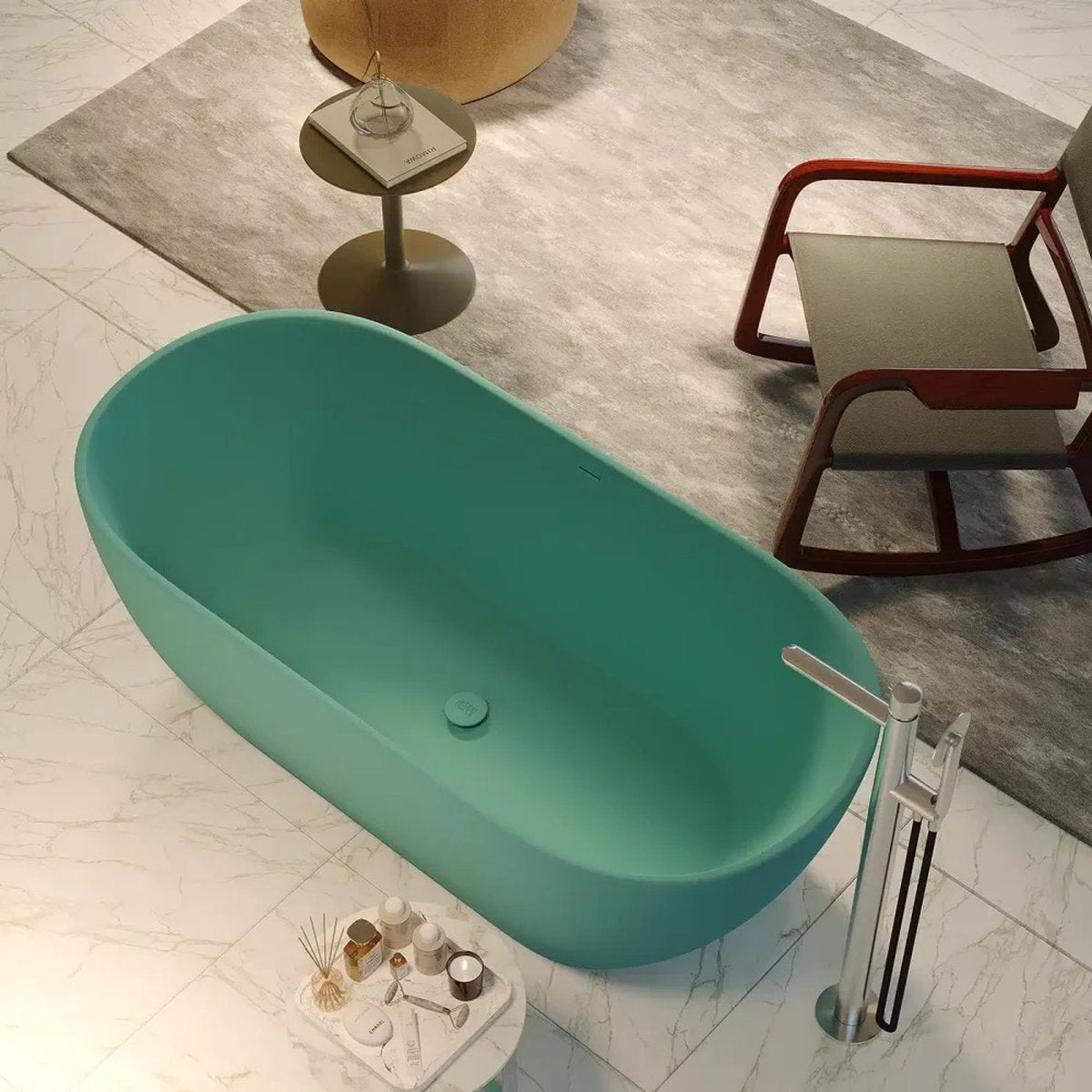 Vasca da bagno ovale Fine TechFusion verde con piletta integrata - vista zenitale dettaglio