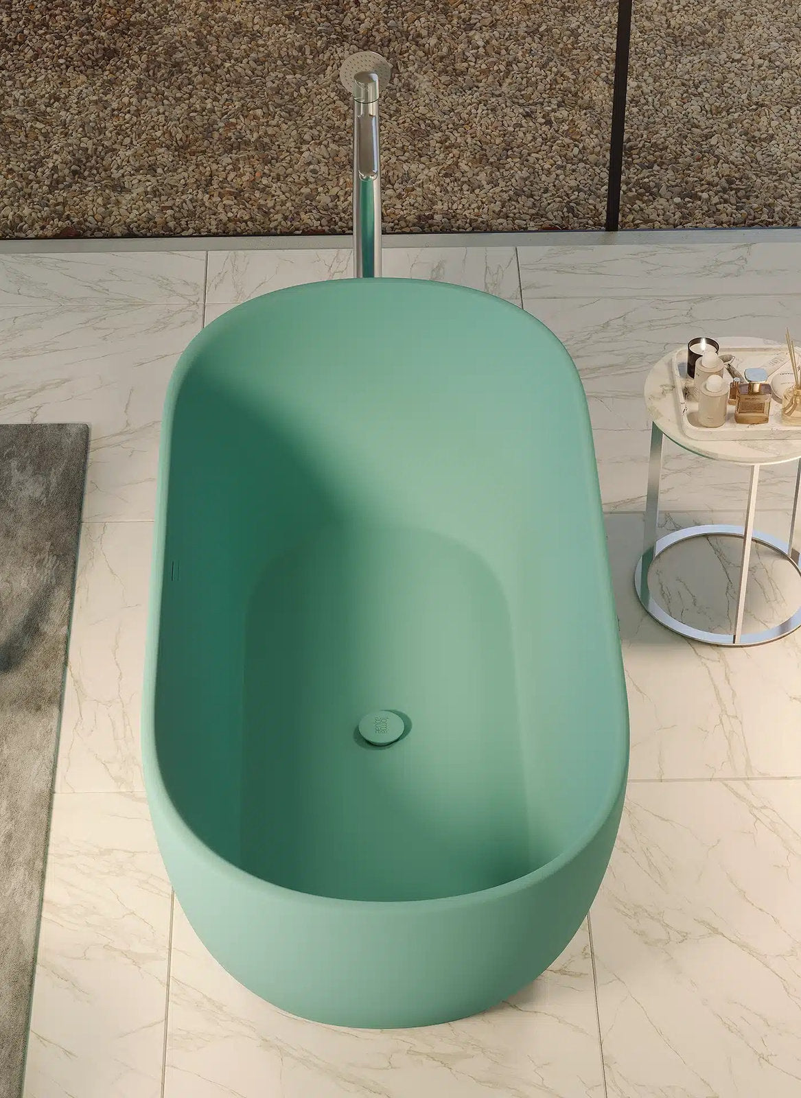 Vasca ovale Fine verde acqua vista dall'alto con rubinetteria a pavimento - design contemporaneo