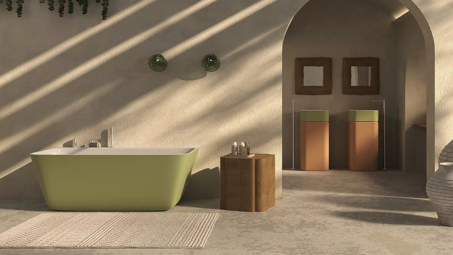 Vasca freestanding Meda Wall verde salvia installazione parete bagno moderno Milano