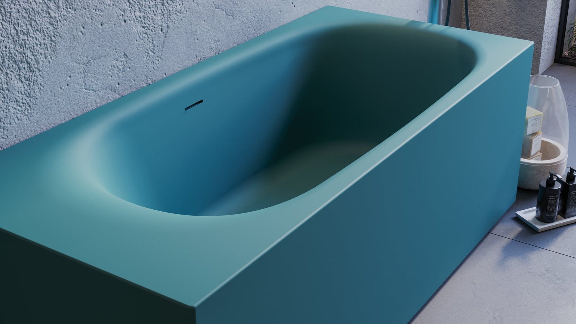 Dettaglio vasca bagno Soap Wall a parete con forma ergonomica ovale e finitura opaca colorata