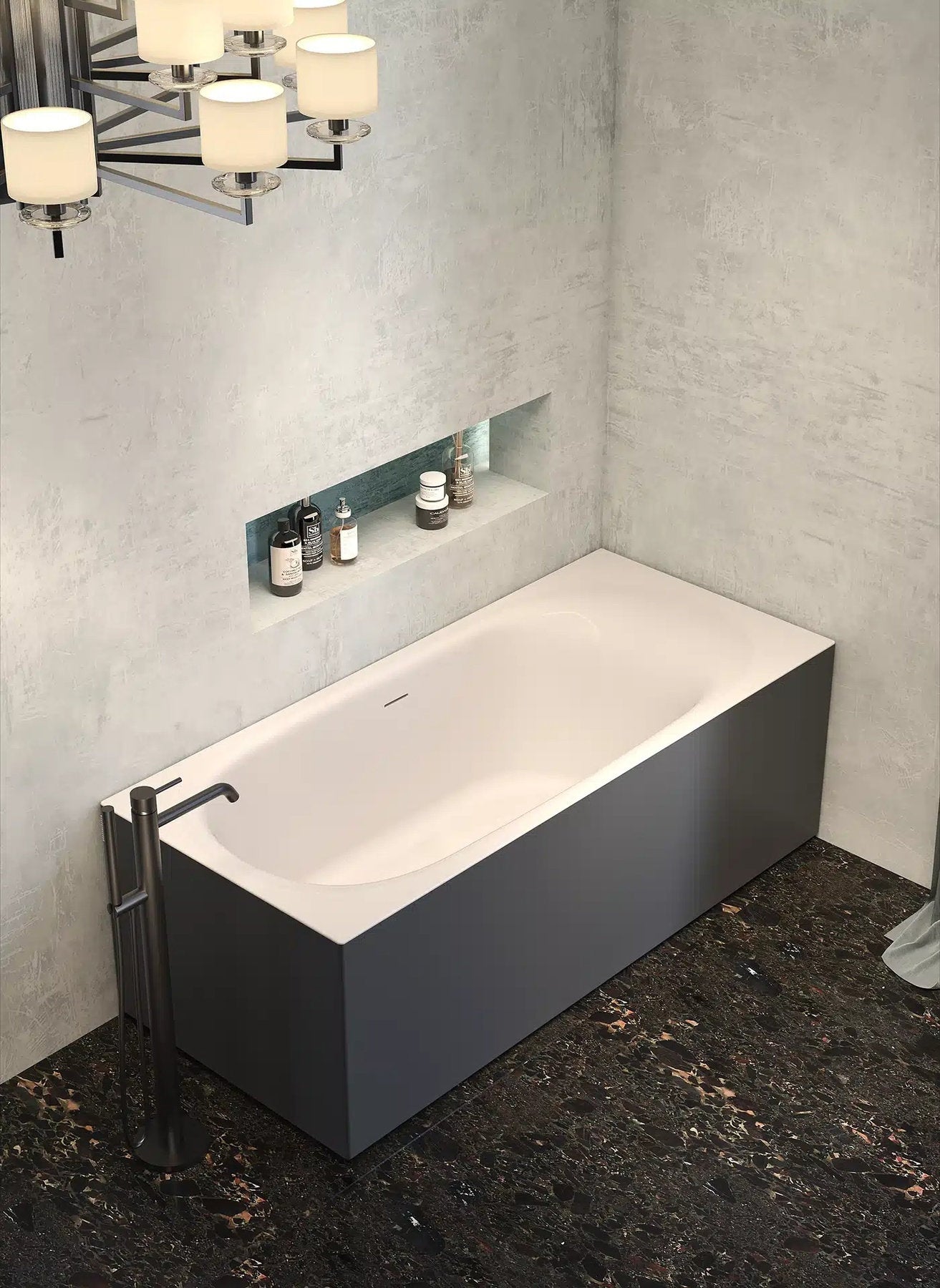 Vasca corner Soap Forma Aquae bianca e antracite ad angolo con nicchia portaoggetti e lampada design