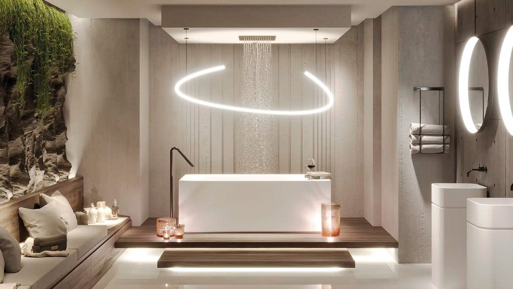 Vasca da bagno Soap Central Forma Aquae in ambiente spa wellness con doccia a pioggia e parete verde verticale