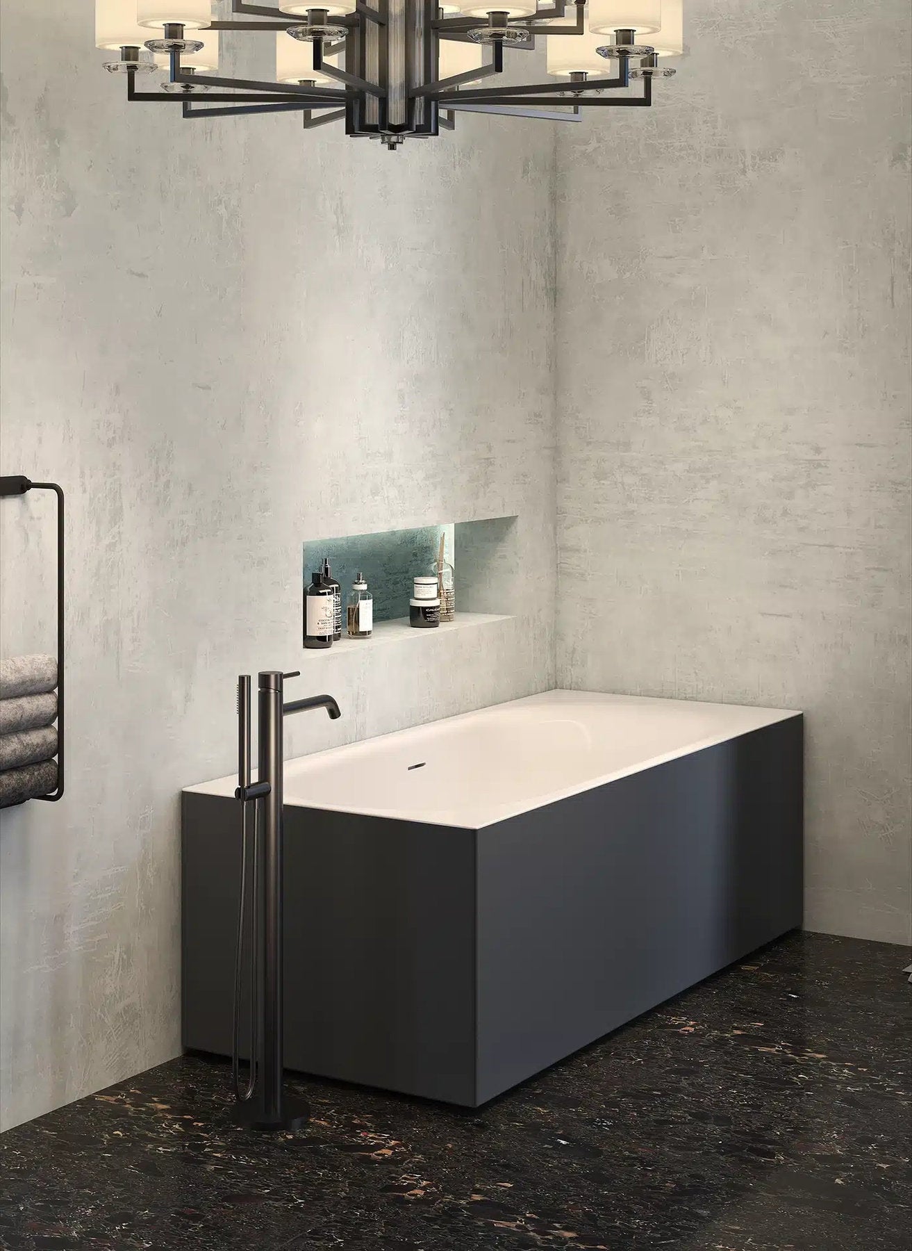 Vasca angolare Soap Forma Aquae color antracite opaco con miscelatore nero in ambiente minimal