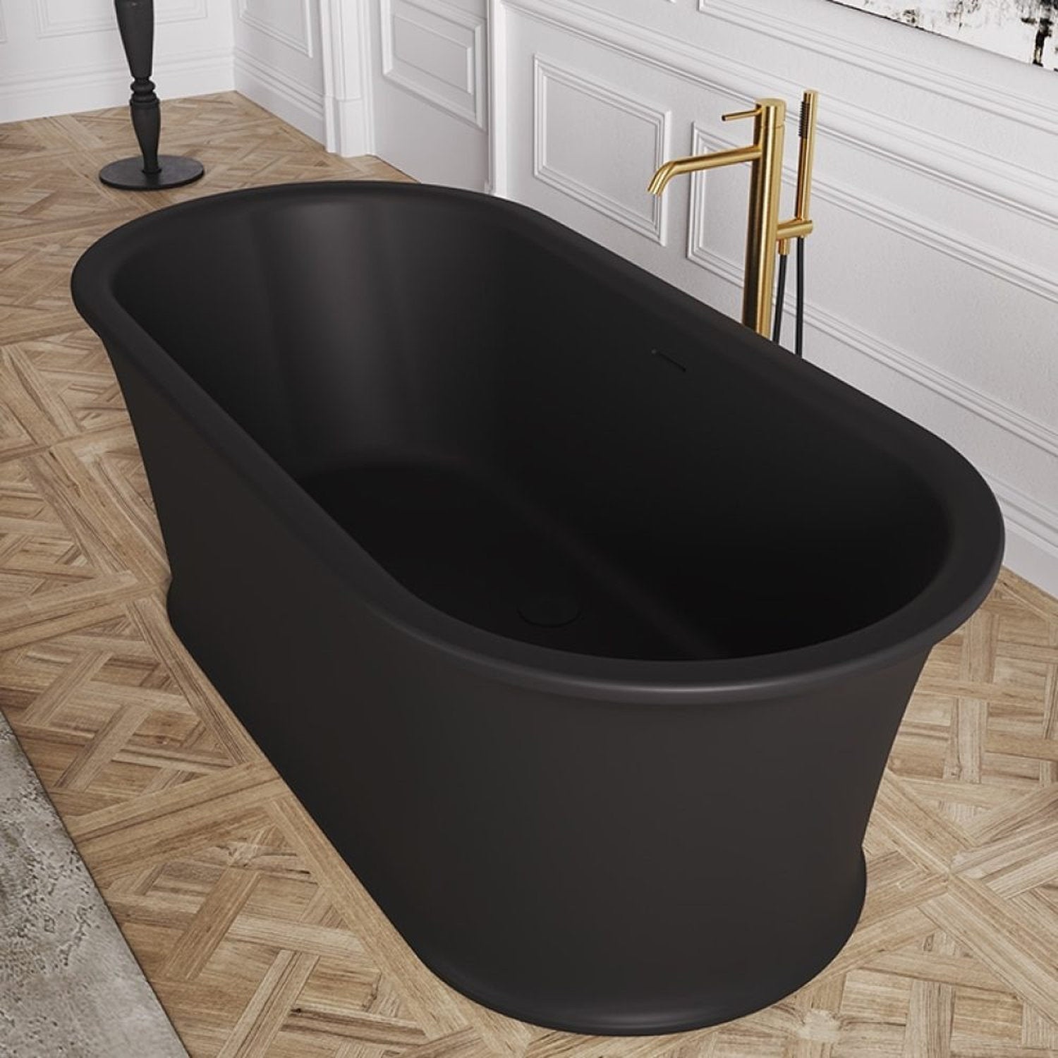 Dettaglio vasca freestanding Skye Central, finitura opaca nera, vista dall’alto con rubinetteria