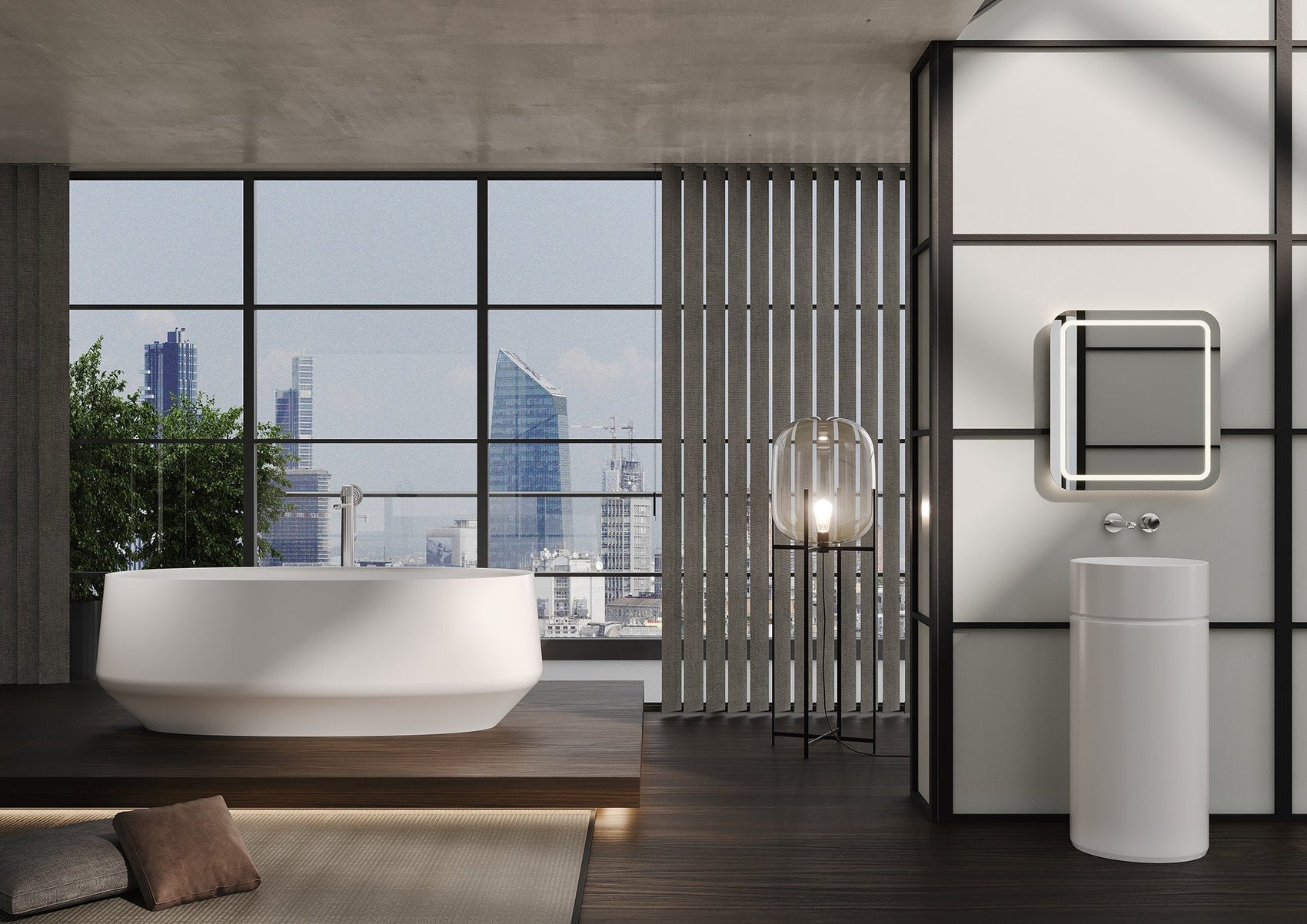 Vasca freestanding IKI Central design Antonio Facco in bagno moderno con vetrata panoramica Milano