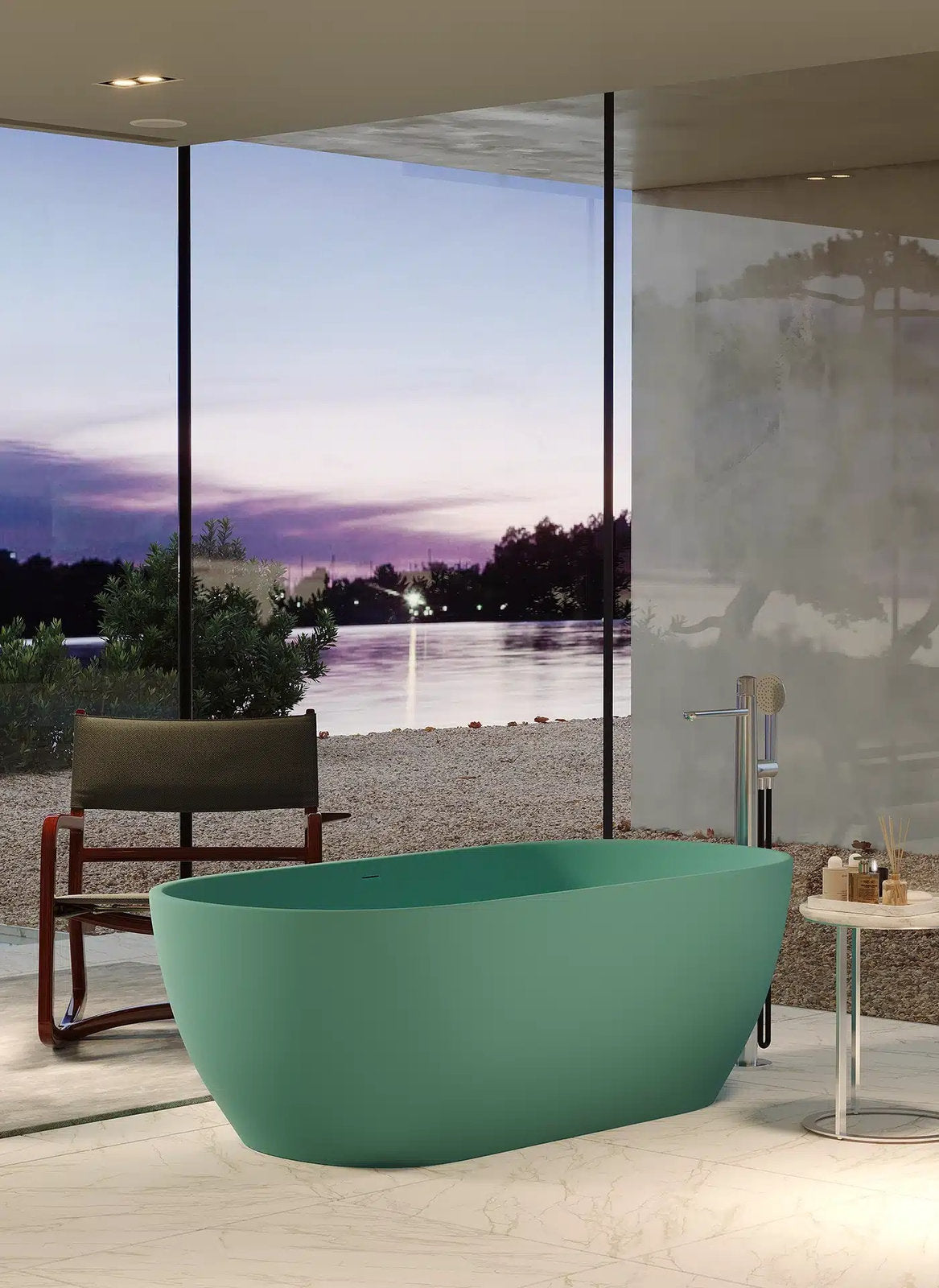 Vasca freestanding Fine color verde salvia in bagno moderno con vetrate panoramiche - Forma Aquae