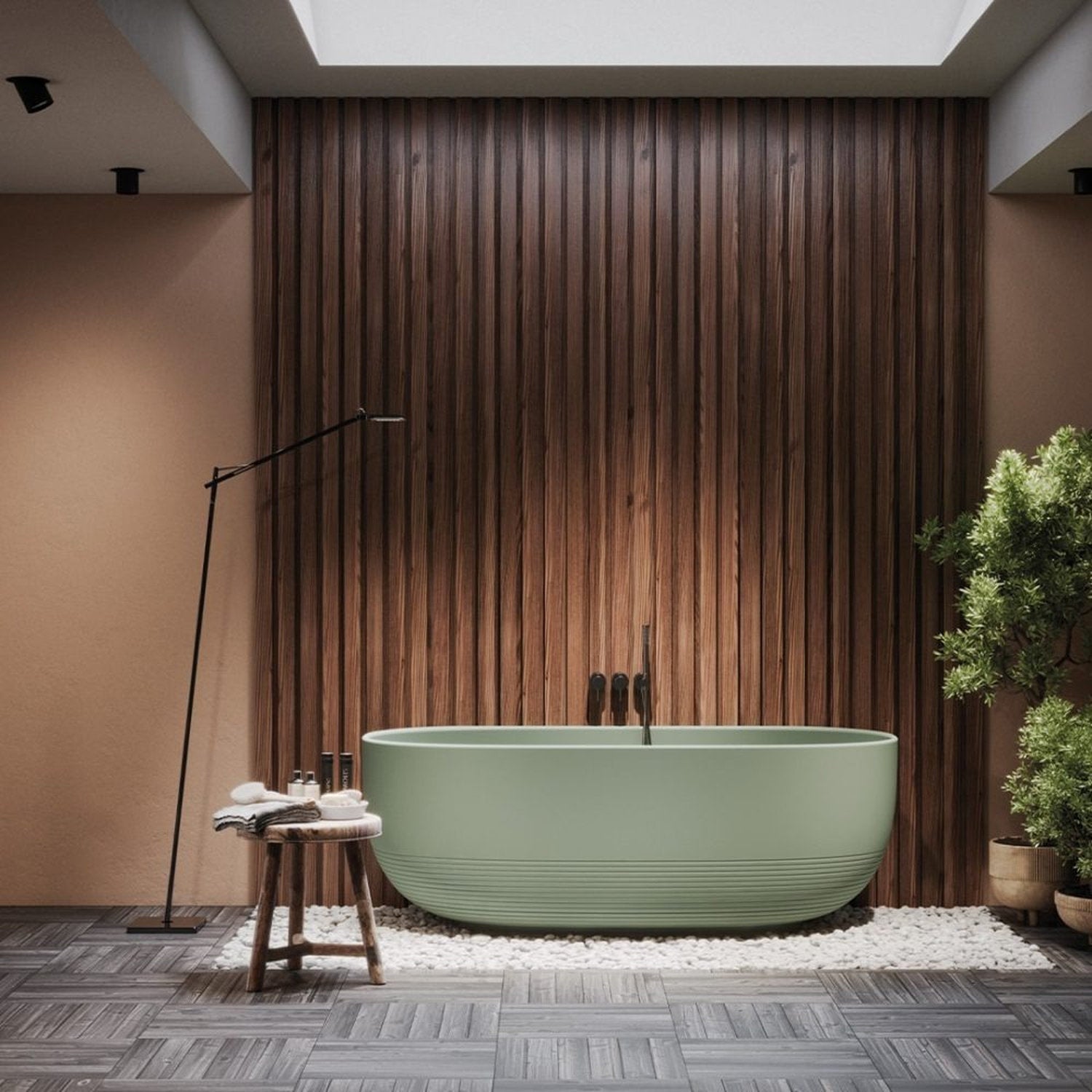Vasca da bagno Aura a parete, vista frontale, profilo ovale e fascia scanalata inferiore