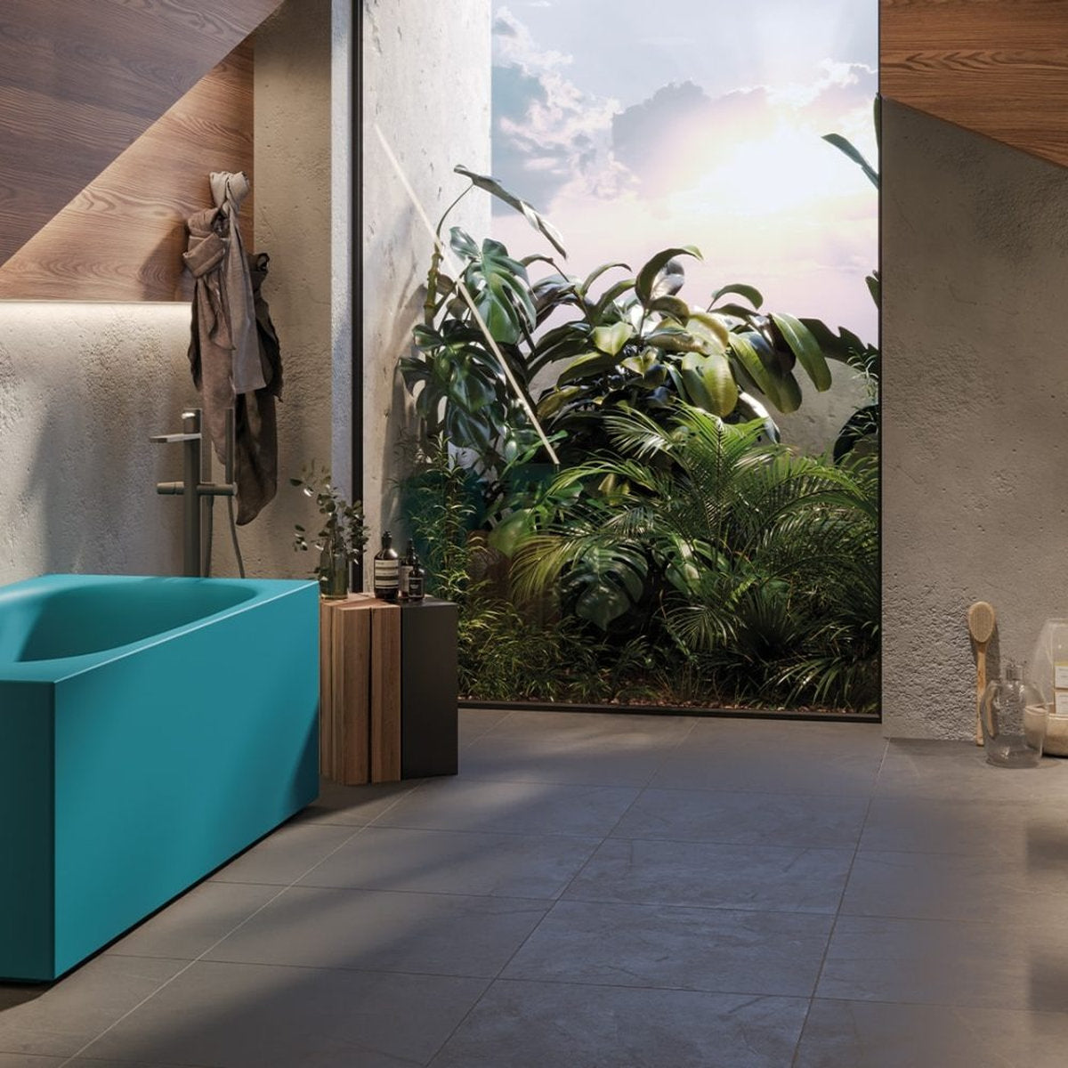 Vasca rettangolare Soap Wall a parete in ambiente bagno contemporaneo con finiture naturali
