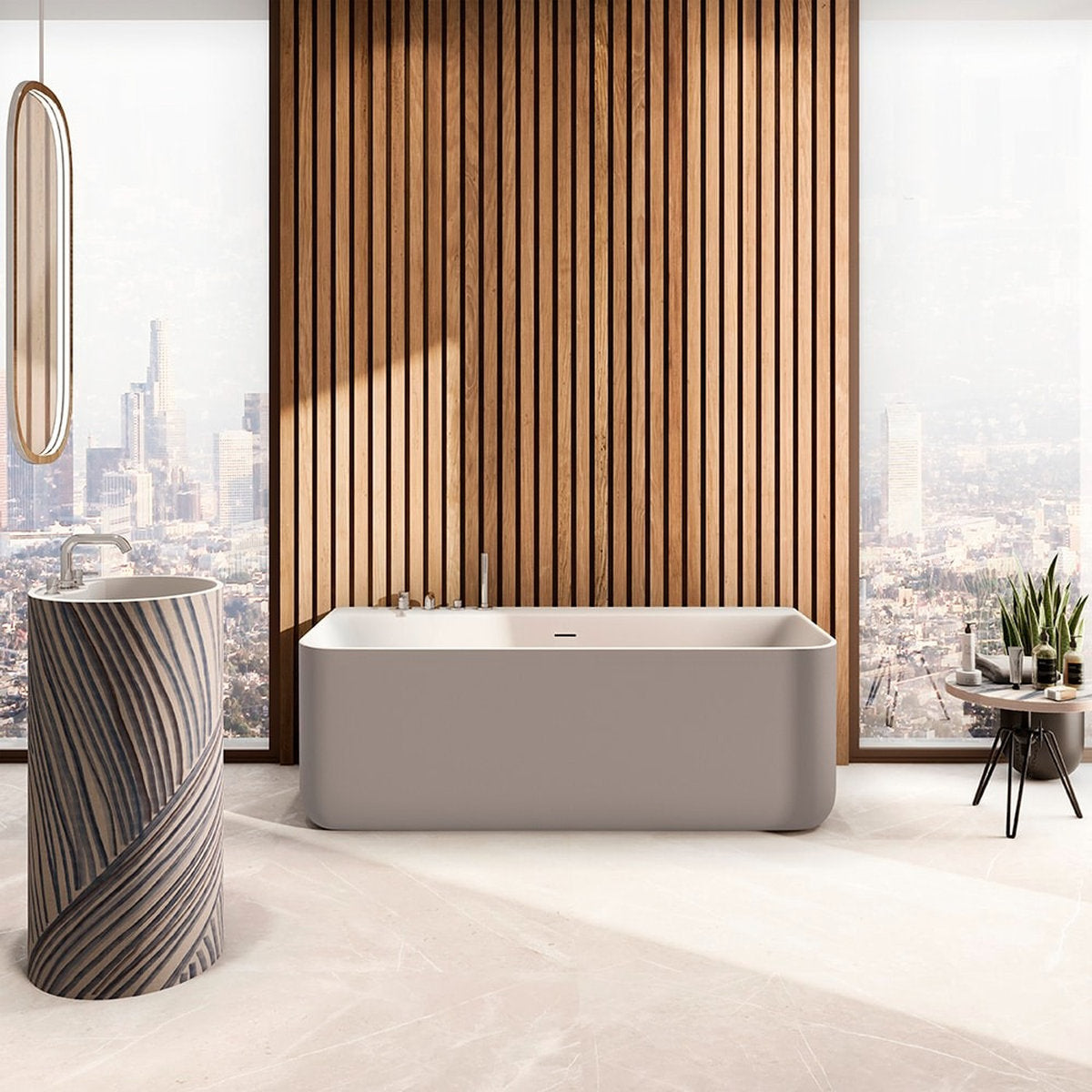 Vasca da bagno a parete Oasi Wall grigia opaca in suite bagno con pannello legno e vista panoramica Milano