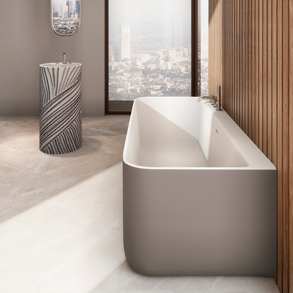 Vasca rettangolare Oasi Wall grigia TechFusion con lavabo coordinato in bagno minimal vista città