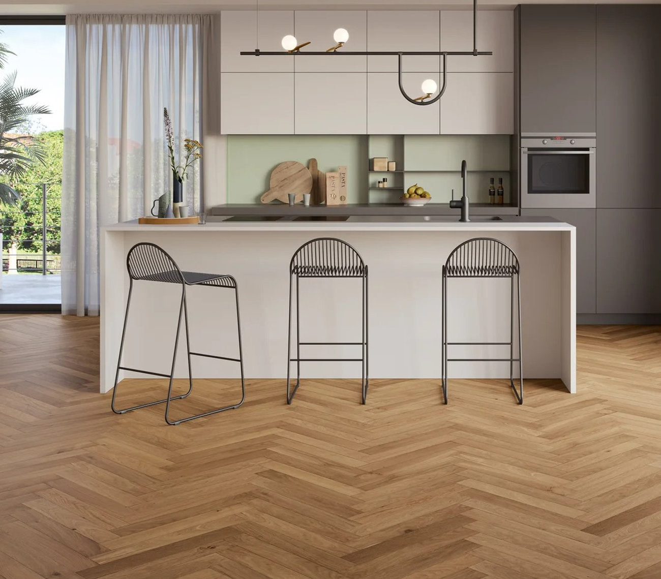 Parquet rovere spina italiana Woodco HER, ambientazione cucina con pavimento a spina in rovere